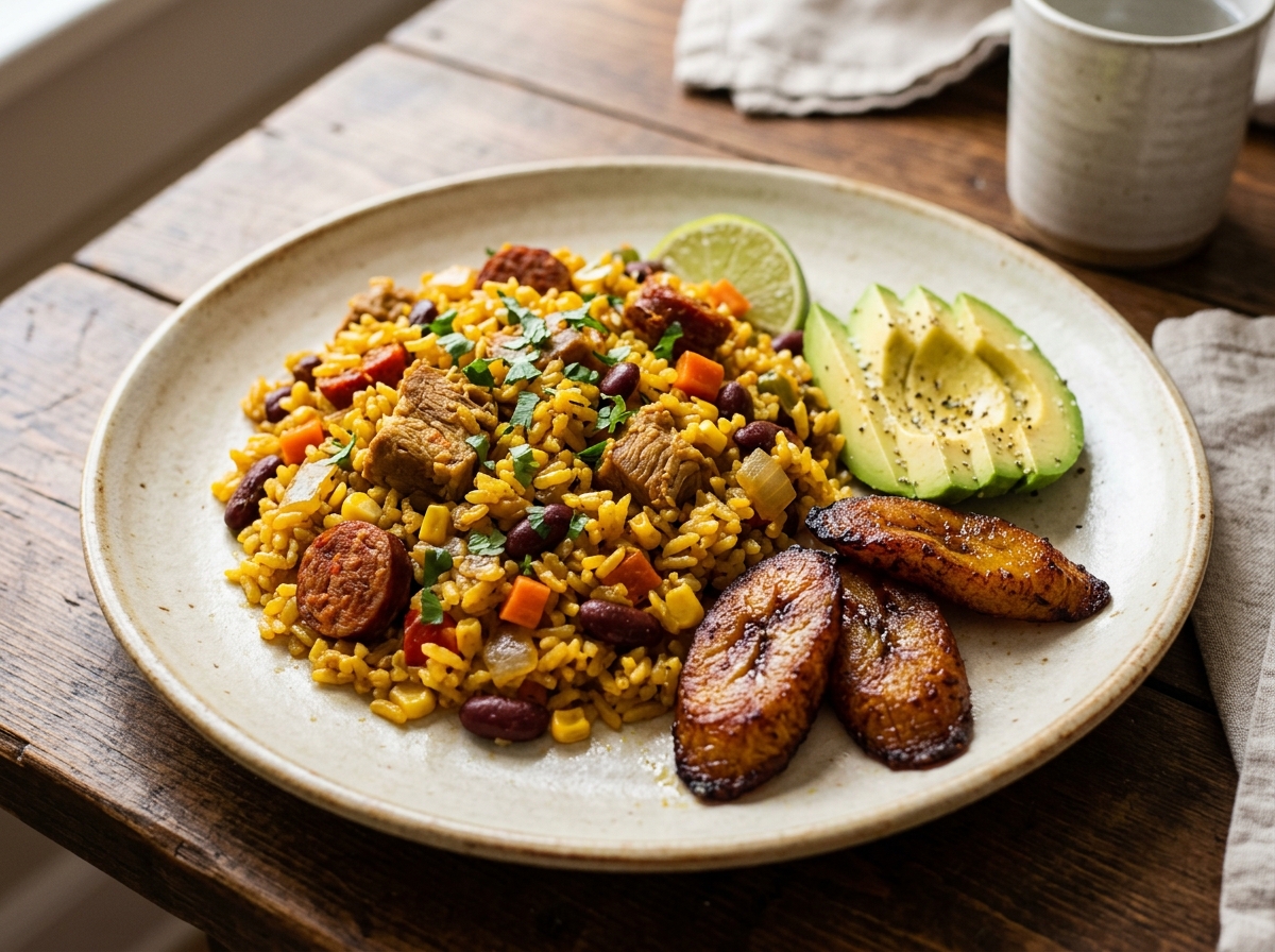 Arroz campesino cubano con cerdo, chorizo, frijoles y verduras