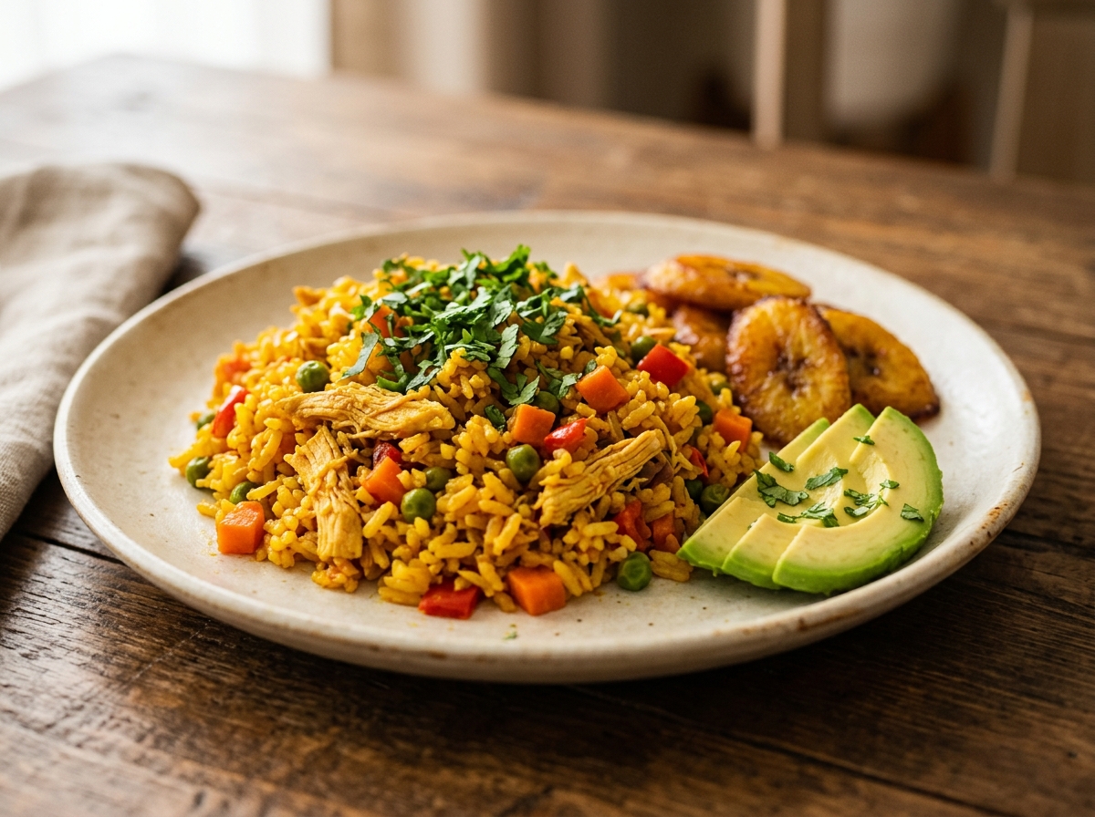 Arroz con pollo colombiano amarillo con verduras