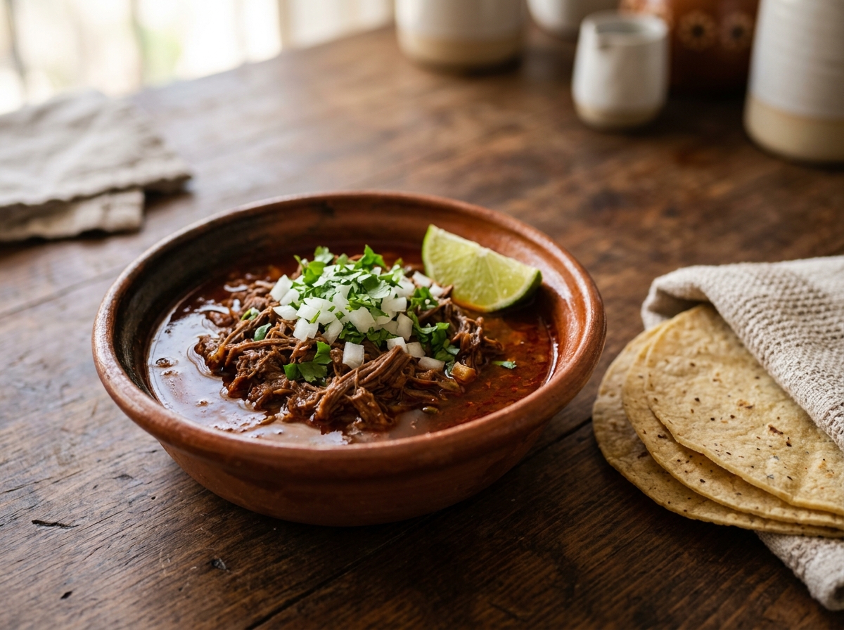 Birria de res deshebrada en consomé rojo con cebolla y cilantro