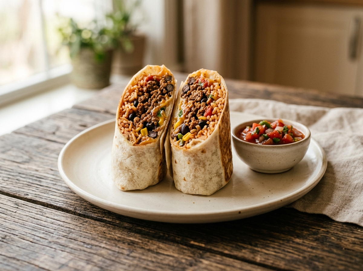 Burrito de carne con arroz y frijoles cortado a la mitad