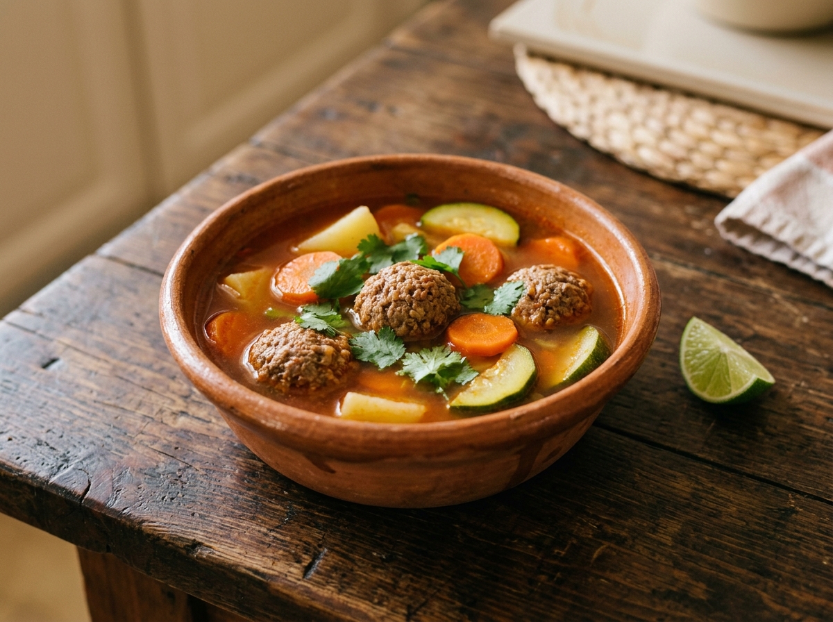 Caldo de albóndigas con verduras en plato de barro