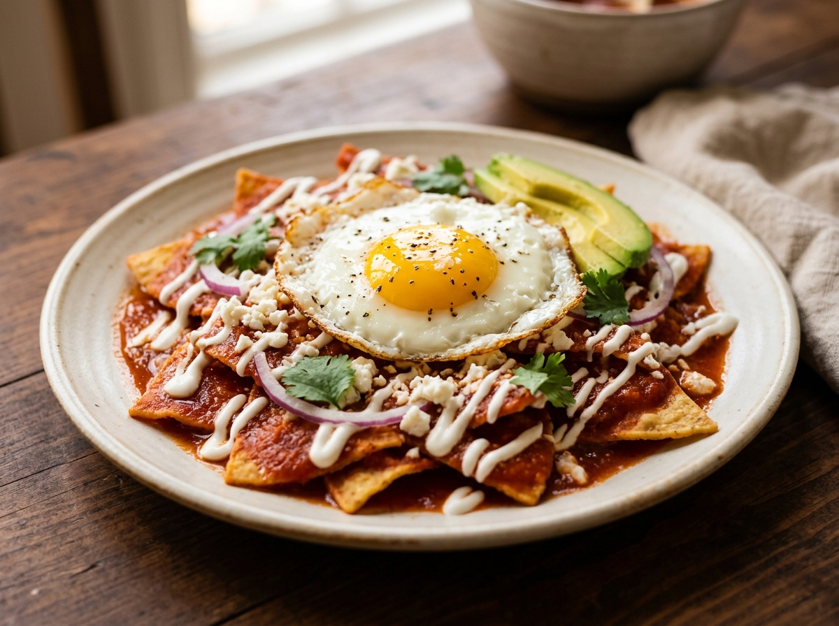 Chilaquiles rojos con crema, queso fresco, aguacate y huevo estrellado