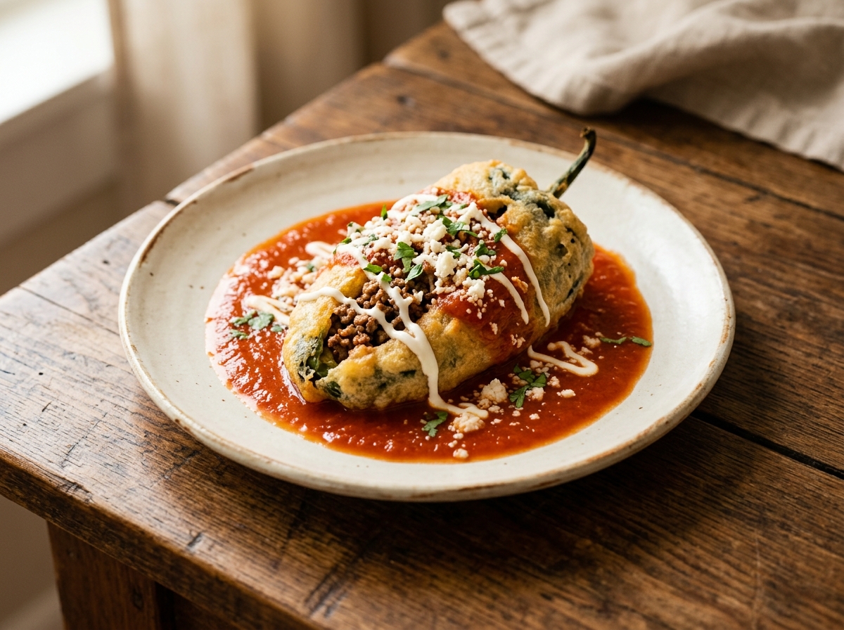 Chile relleno de picadillo capeado bañado en salsa de tomate