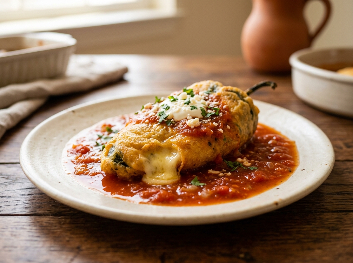 Chile relleno de queso capeado y esponjoso bañado en salsa de jitomate