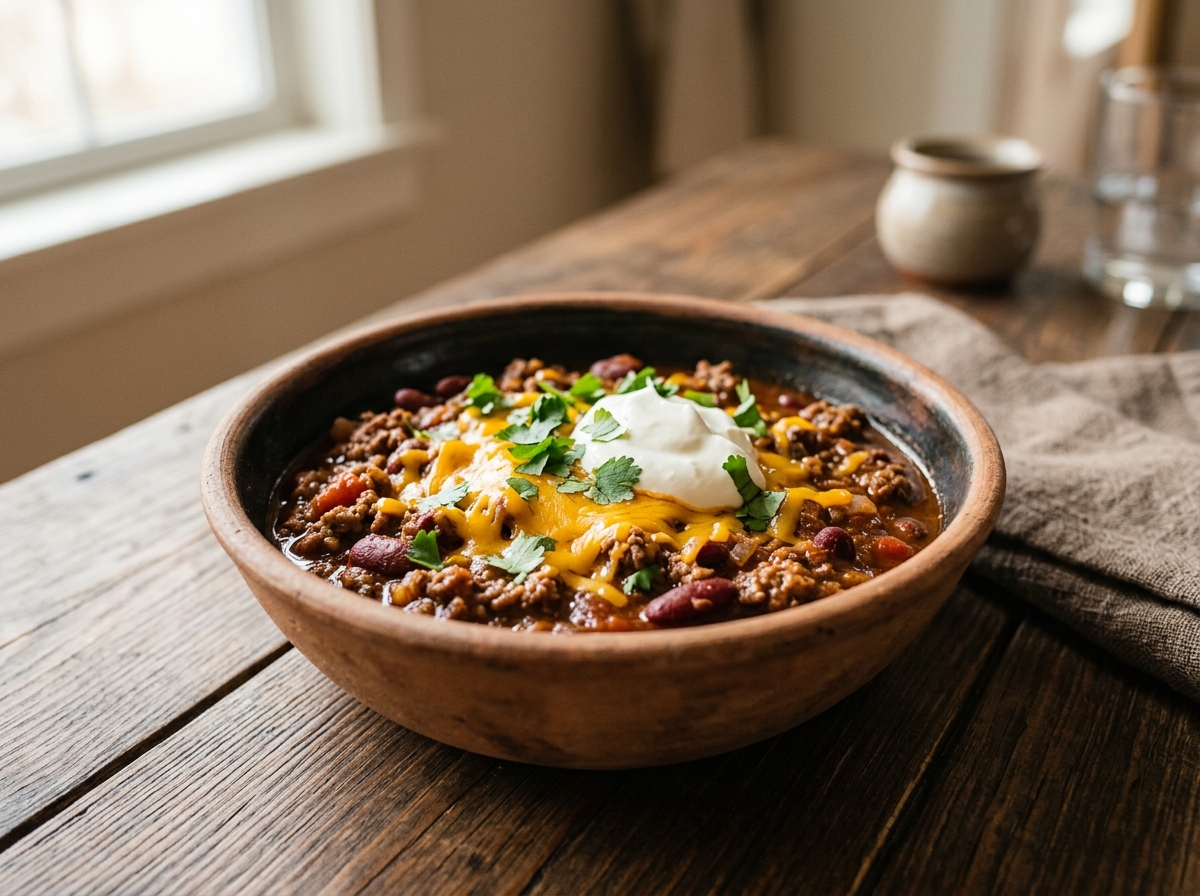Chili con carne molida y frijoles con queso y crema