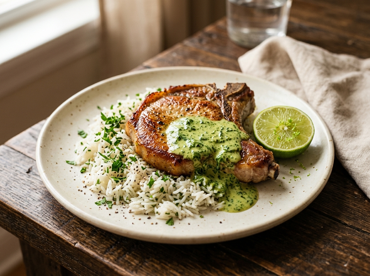 Chuletas de puerco doradas en salsa verde cremosa sobre arroz blanco