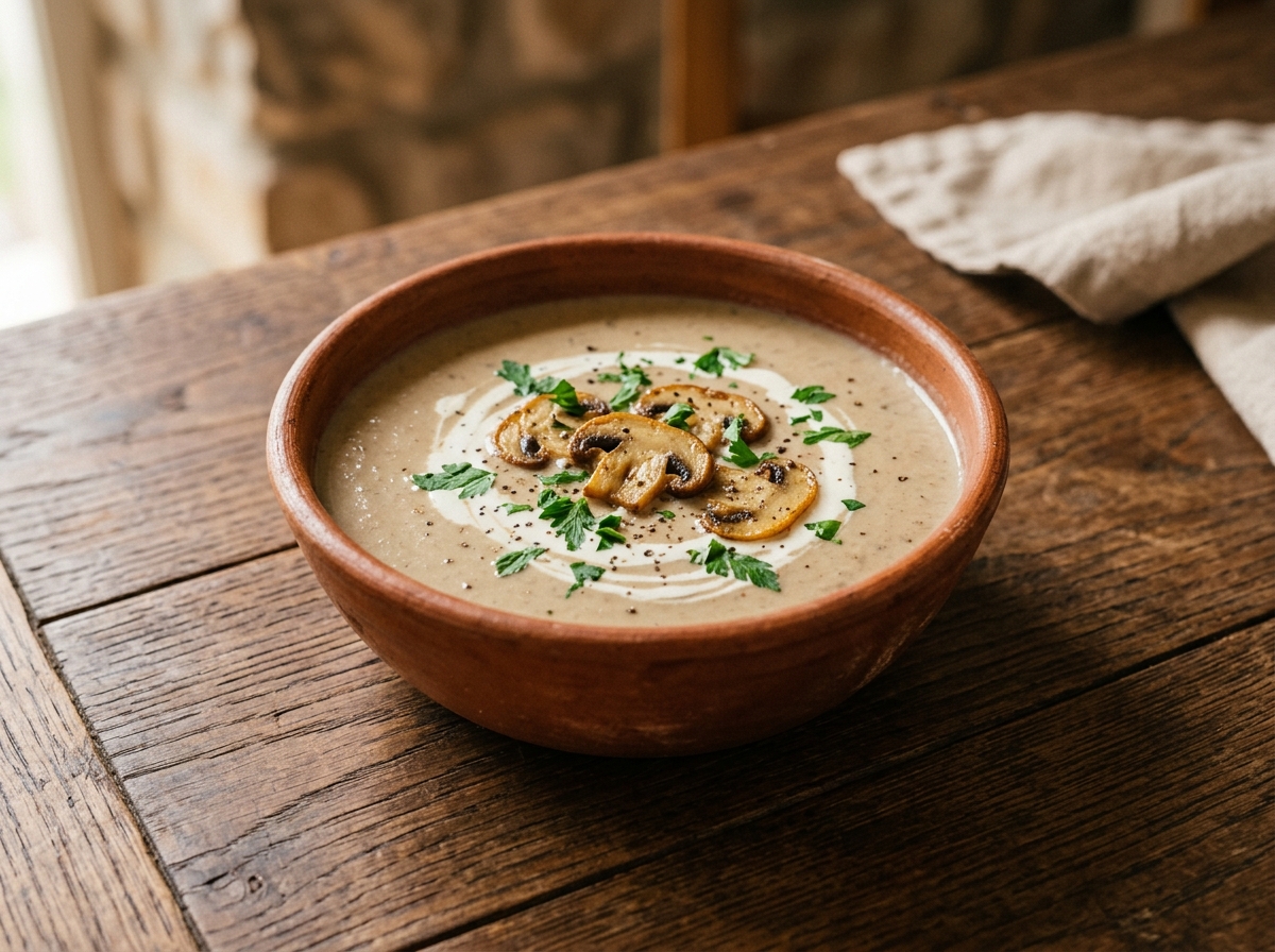 Crema de champiñones en tazón de barro con láminas salteadas y perejil