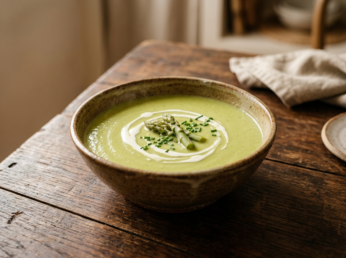 Crema de espárragos verde y sedosa en tazón de barro con puntas de espárrago