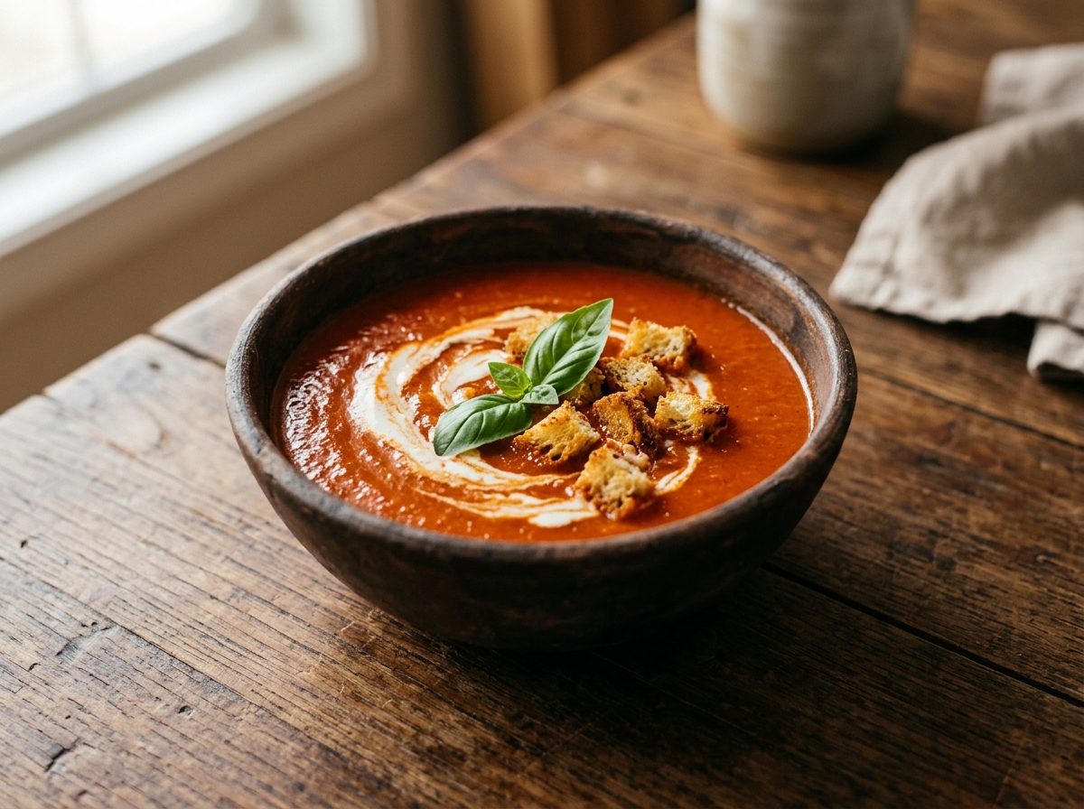 Crema de tomate roja en tazón de barro con albahaca y crutones