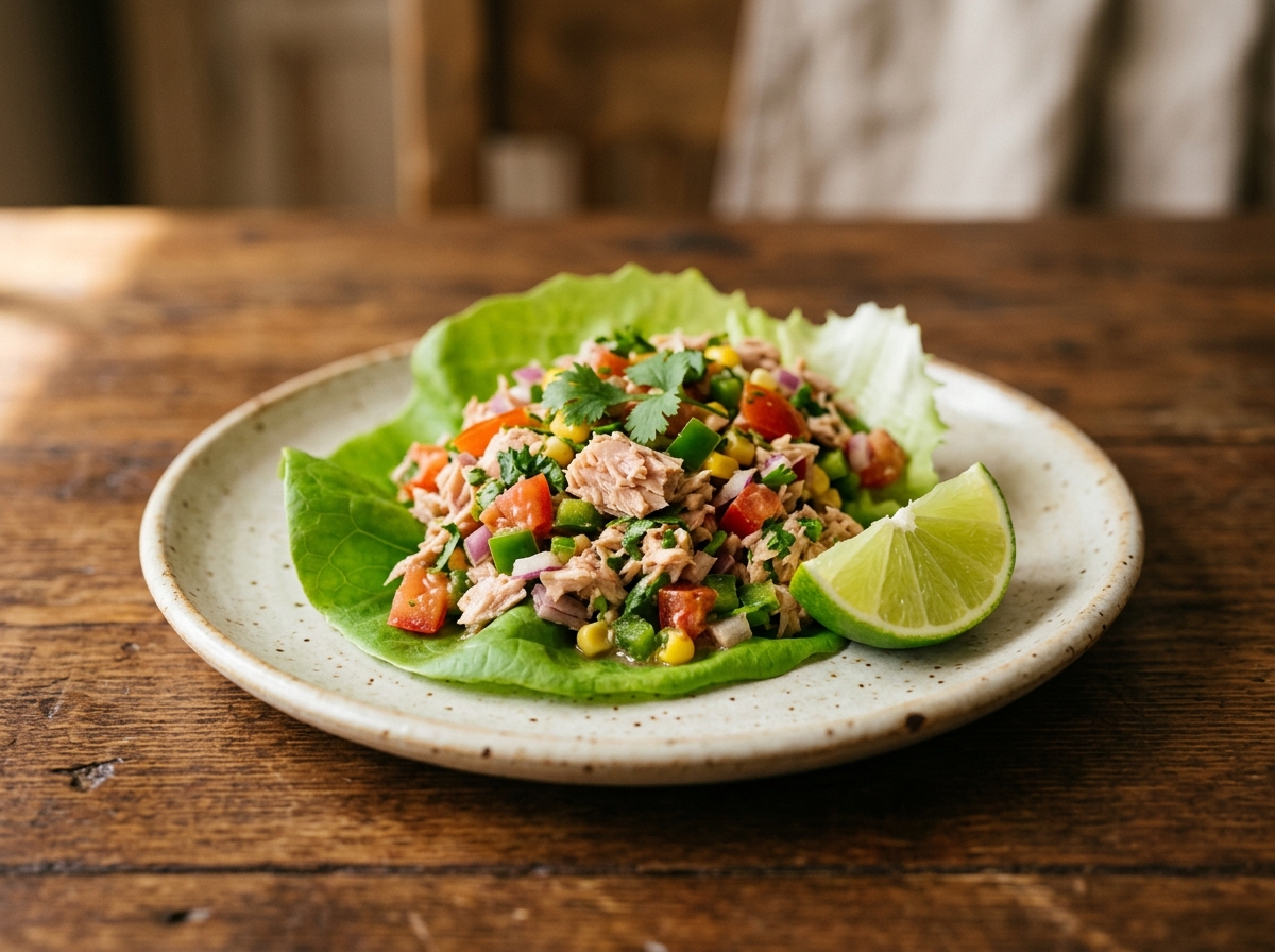 Ensalada de atún a la mexicana con jitomate, cebolla, pimiento y elote