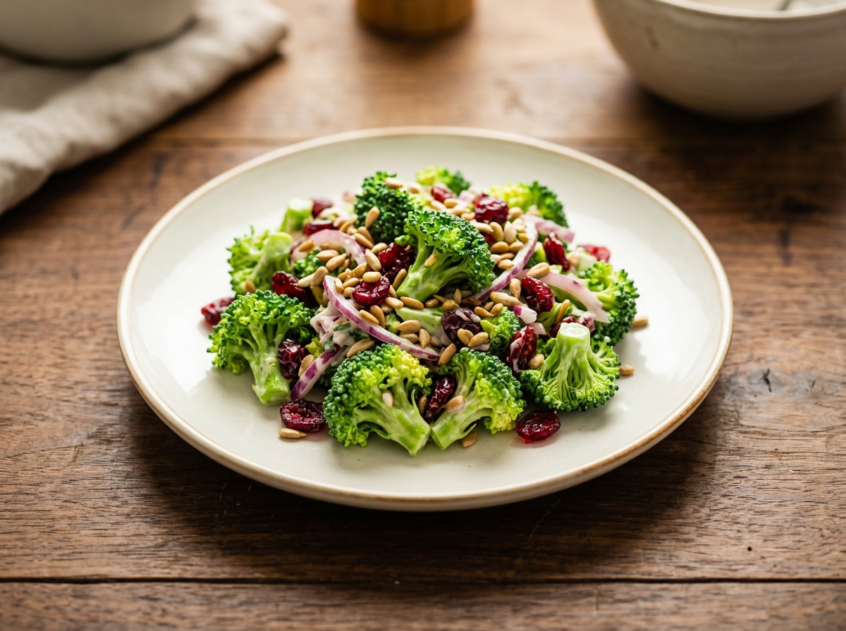 Ensalada de brócoli crujiente con cebolla morada, arándanos y semillas
