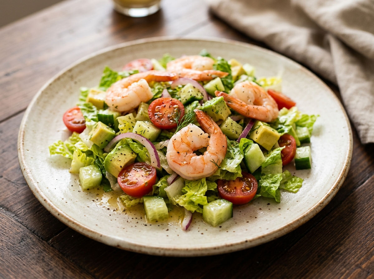 Ensalada de camarones con lechuga, tomate cherry, pepino y aguacate