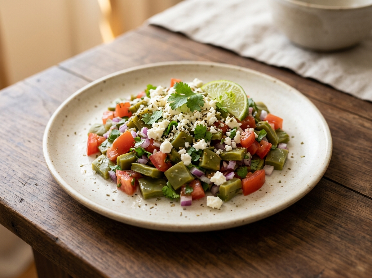 Ensalada de nopales con jitomate, cebolla, cilantro y queso fresco