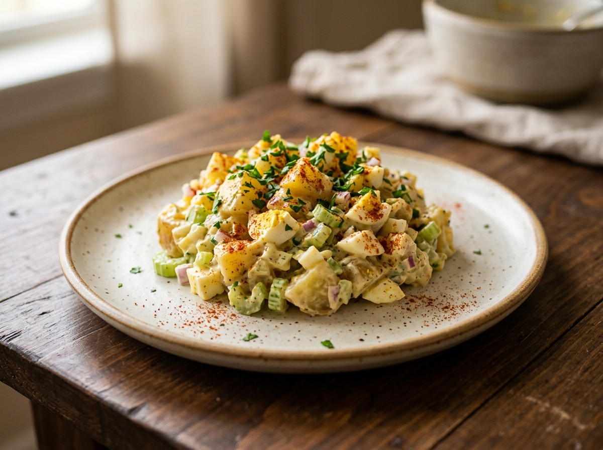 Ensalada de papa cremosa con huevo duro, apio y aderezo de mostaza