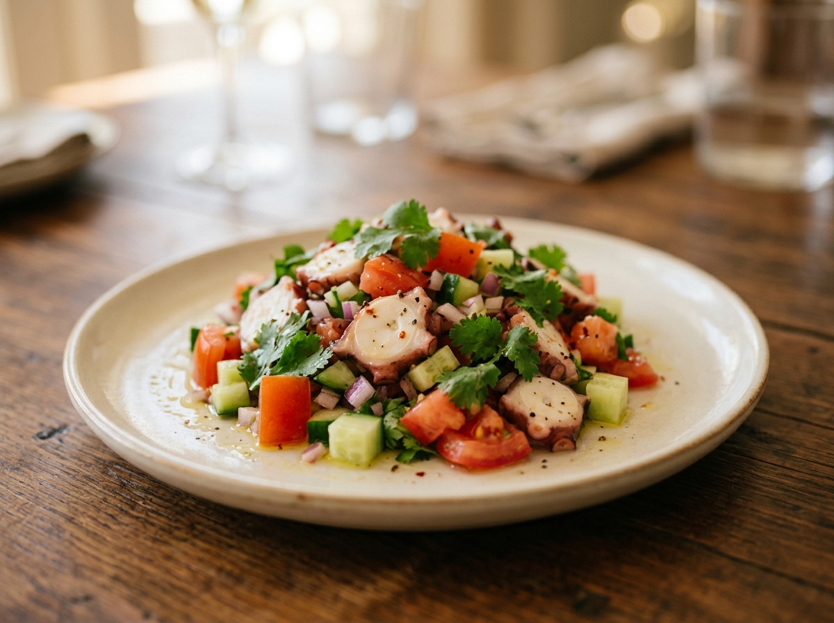 Ensalada de pulpo con tomate, pepino, cebolla morada y vinagreta de limón