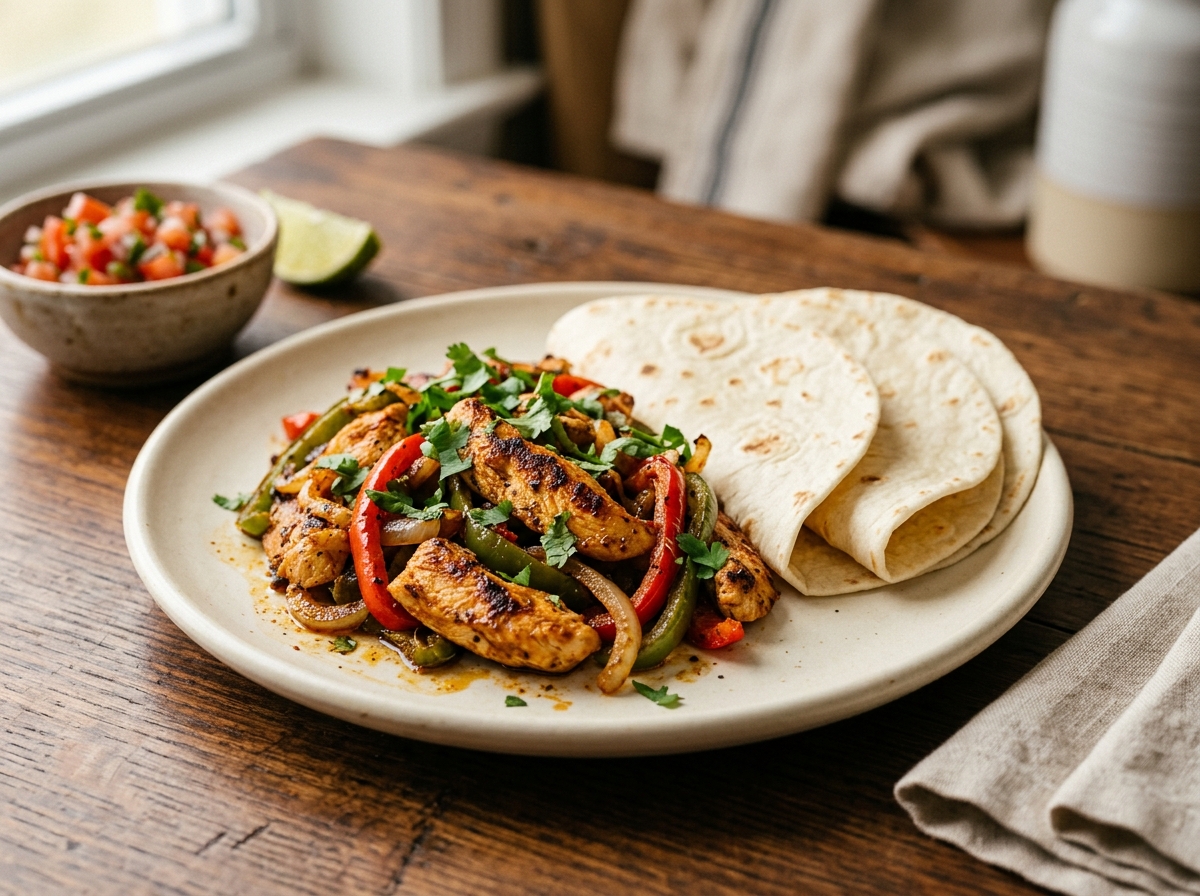 Fajitas de pollo con pimientos y cebolla salteados