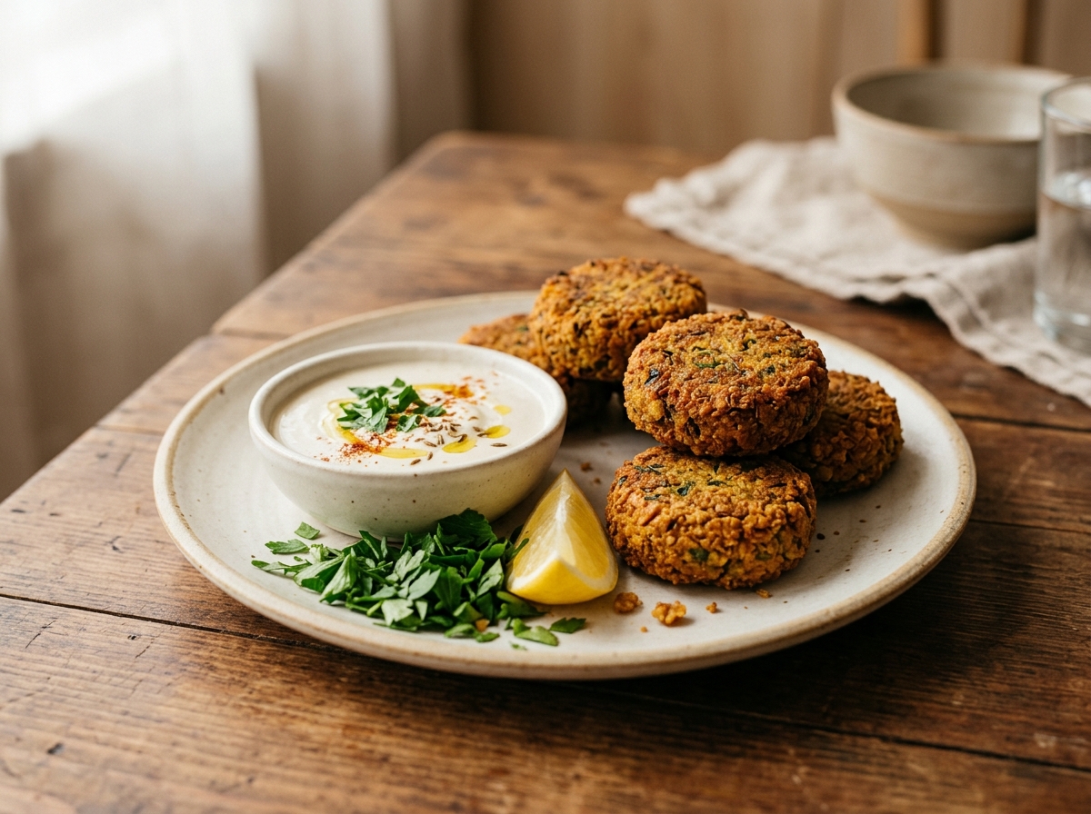 Falafel de lentejas dorado y crujiente con salsa de tahini y limón
