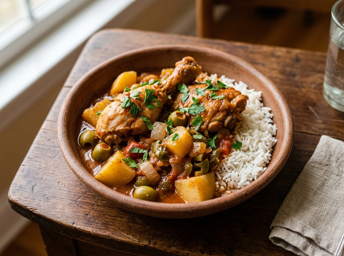 Fricasé de pollo cubano en salsa con papas y aceitunas
