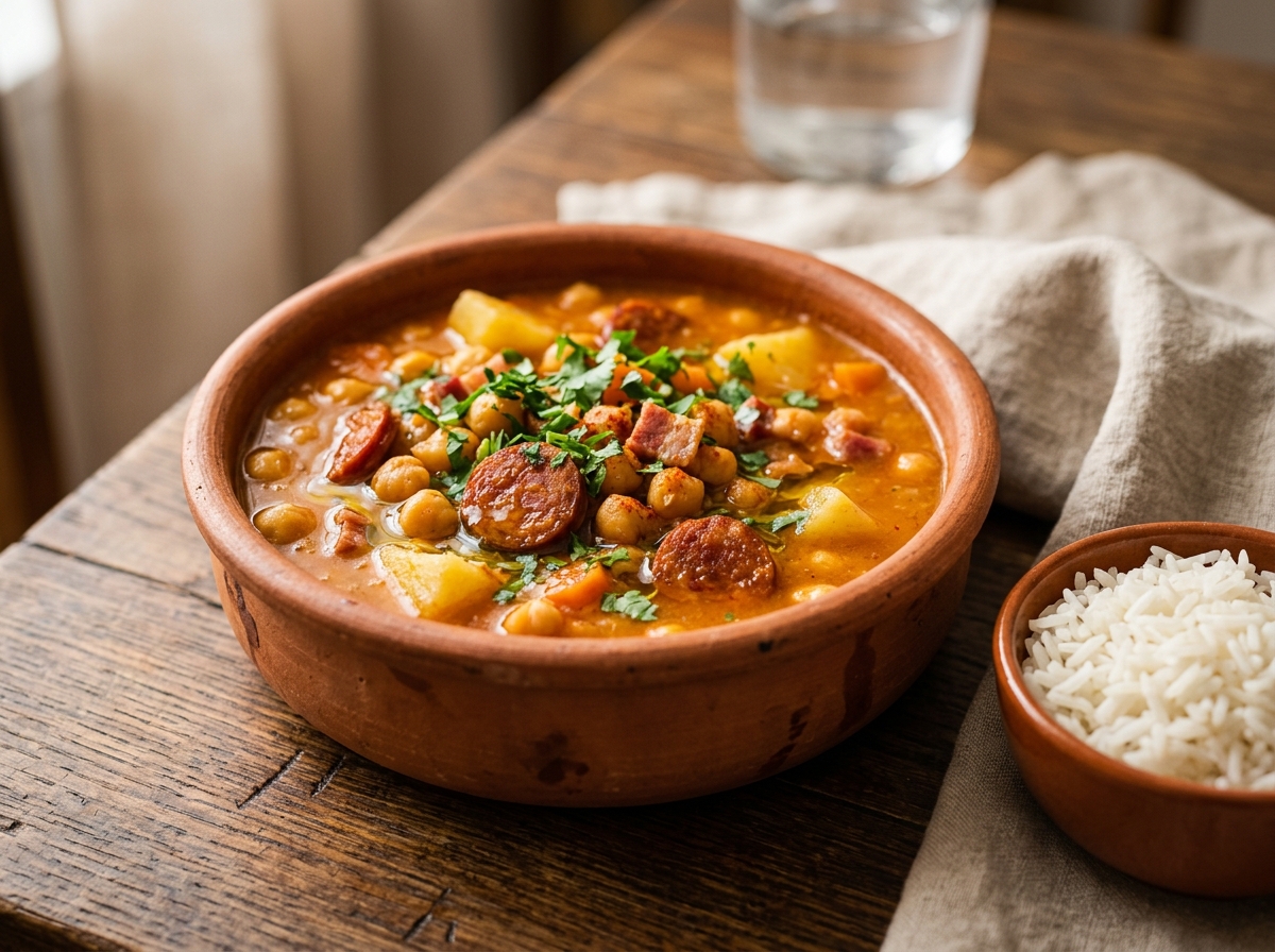 Potaje de garbanzos cubano con chorizo, tocino, papa y zanahoria