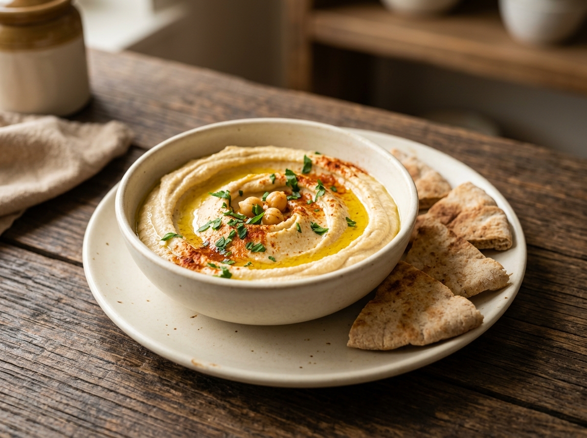 Hummus cremoso de garbanzo con aceite de oliva, paprika y pan pita
