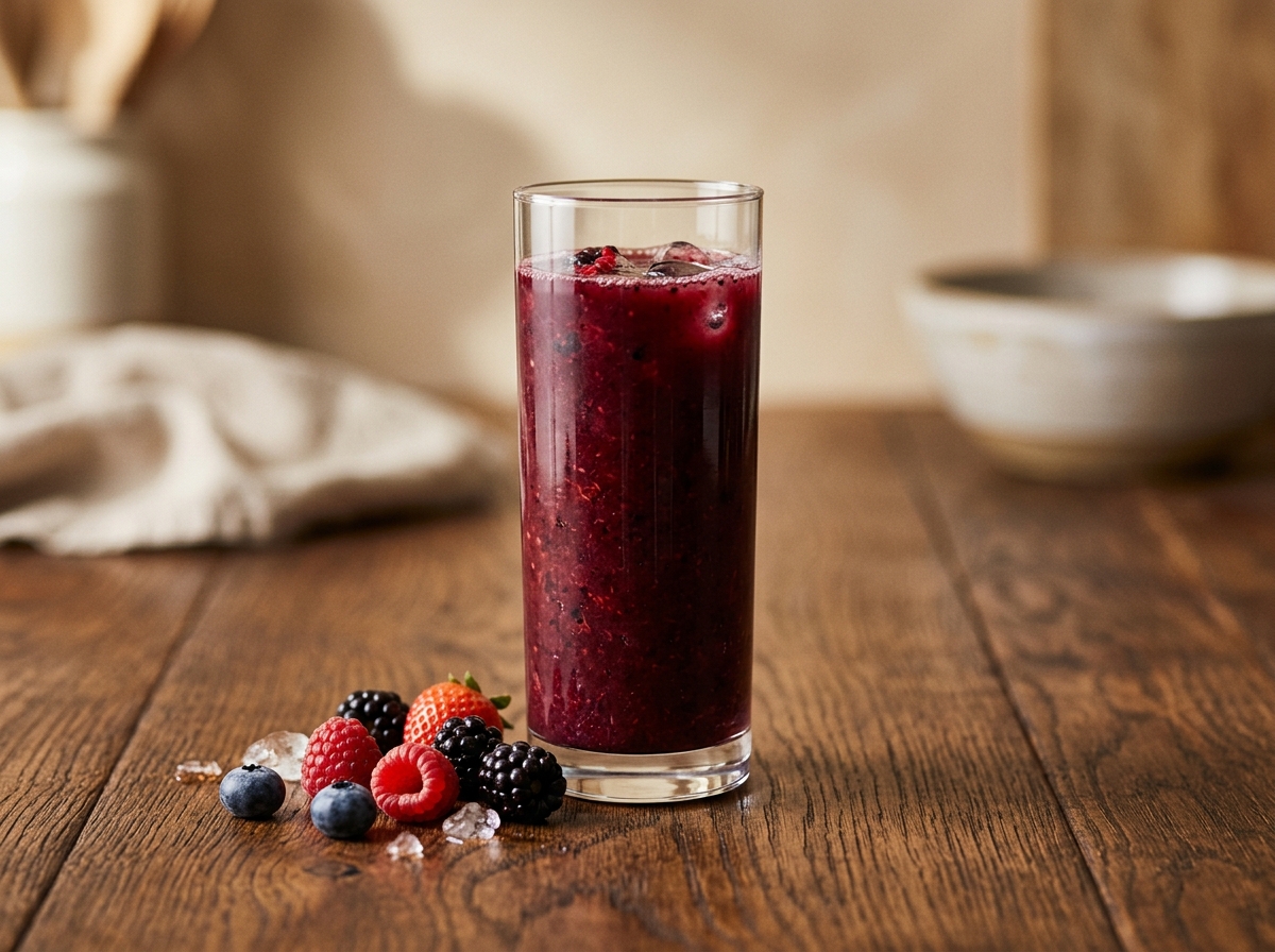 Jugo de berries morado con fresas, arándanos, frambuesas y moras en un vaso alto