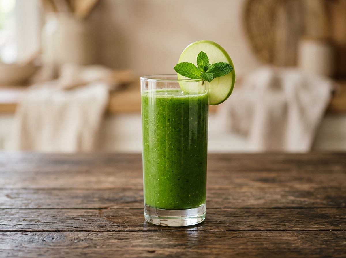 Jugo verde de espinaca, pepino, apio, manzana verde y piña en un vaso alto