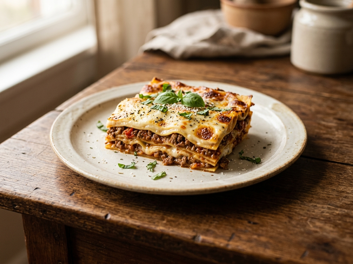 Rebanada de lasaña de carne con capas y queso gratinado