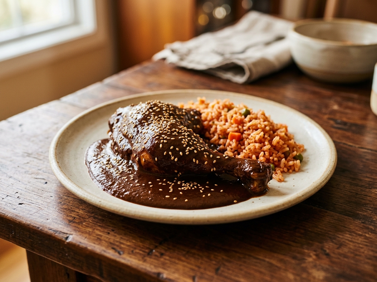 Mole poblano sobre pollo, decorado con ajonjolí, con arroz rojo