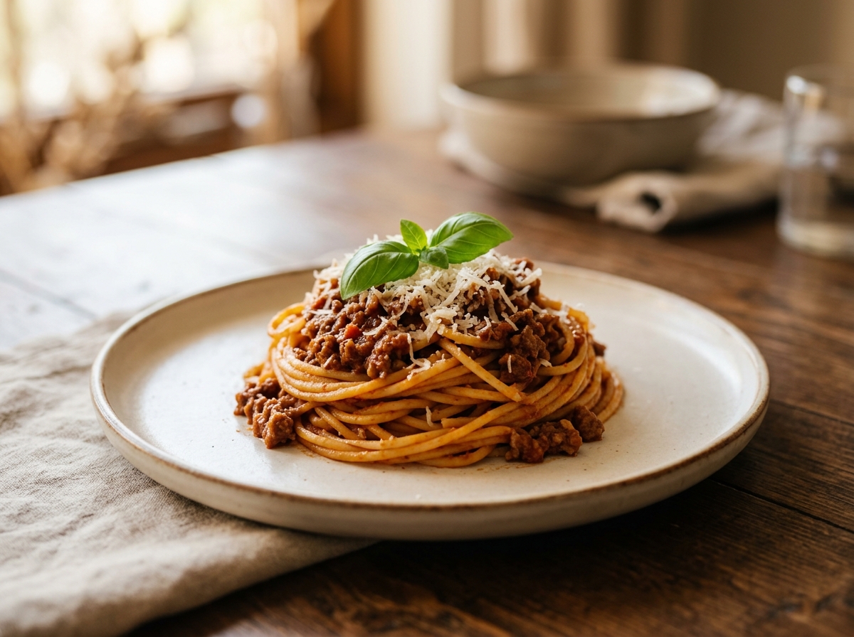 Pasta con carne molida y salsa boloñesa con parmesano