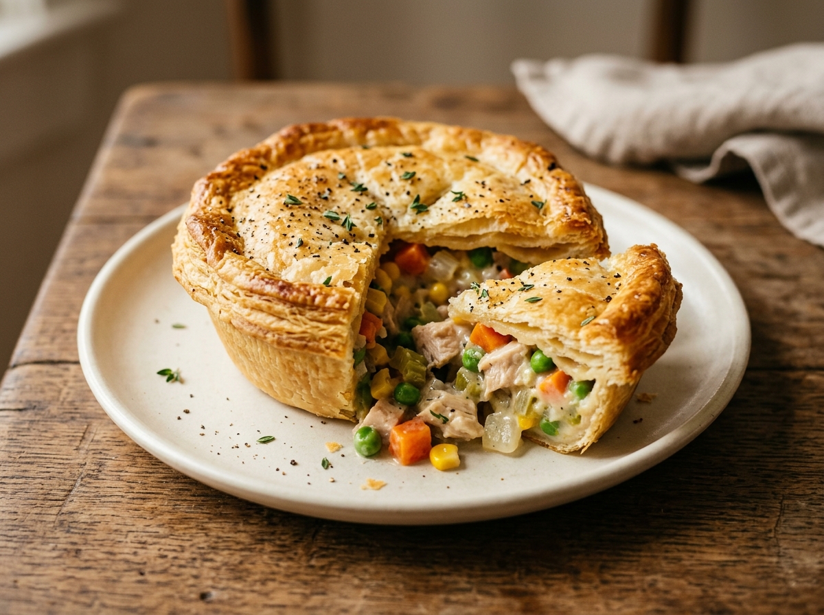 Pastel de pollo con masa dorada y relleno cremoso