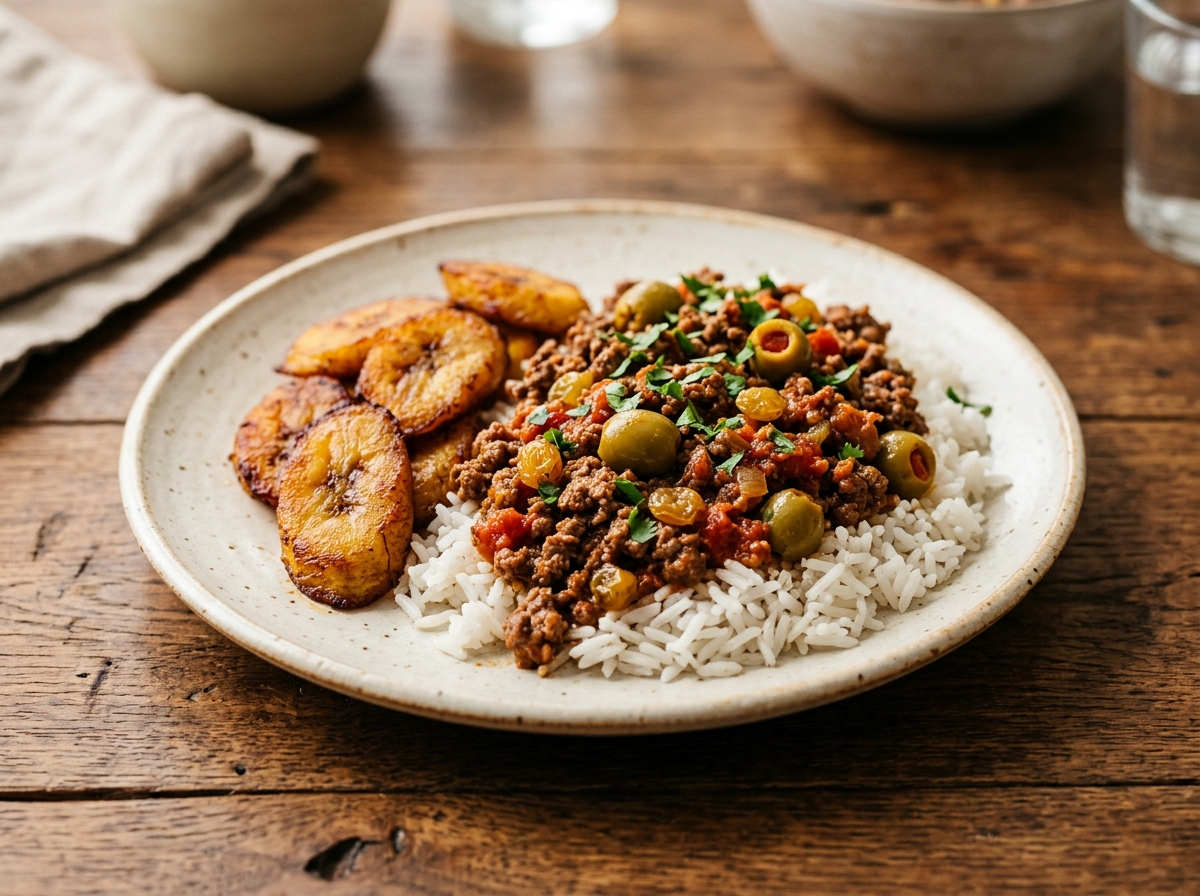 Picadillo cubano con aceitunas y pasas sobre arroz