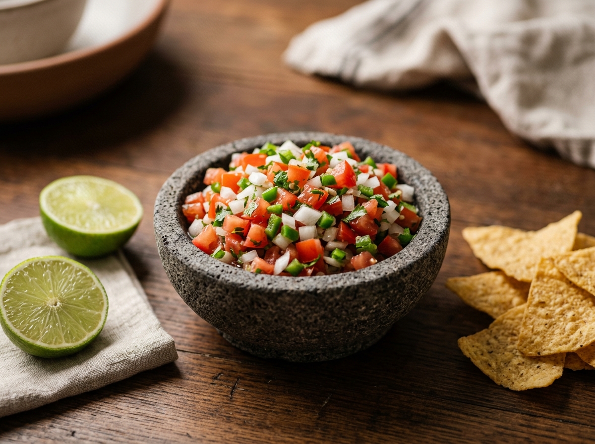 Pico de gallo fresco en molcajete con jitomate, cebolla, cilantro y chile