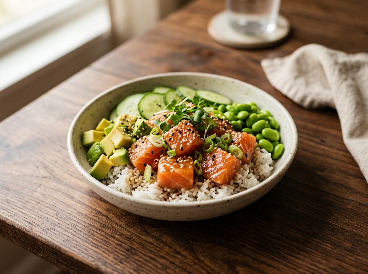 Poke de salmón crudo marinado sobre arroz con aguacate, pepino y edamame