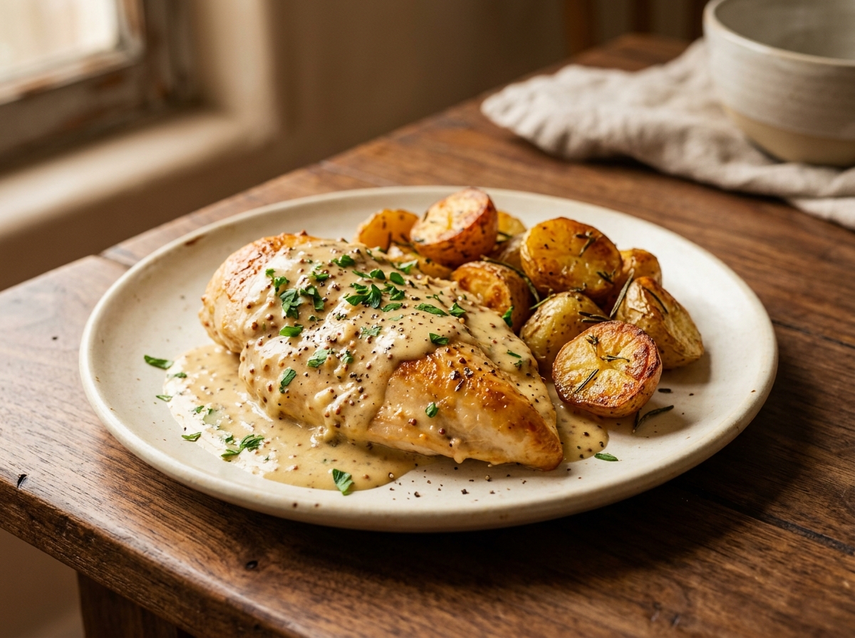 Pollo a la mostaza bañado en salsa cremosa