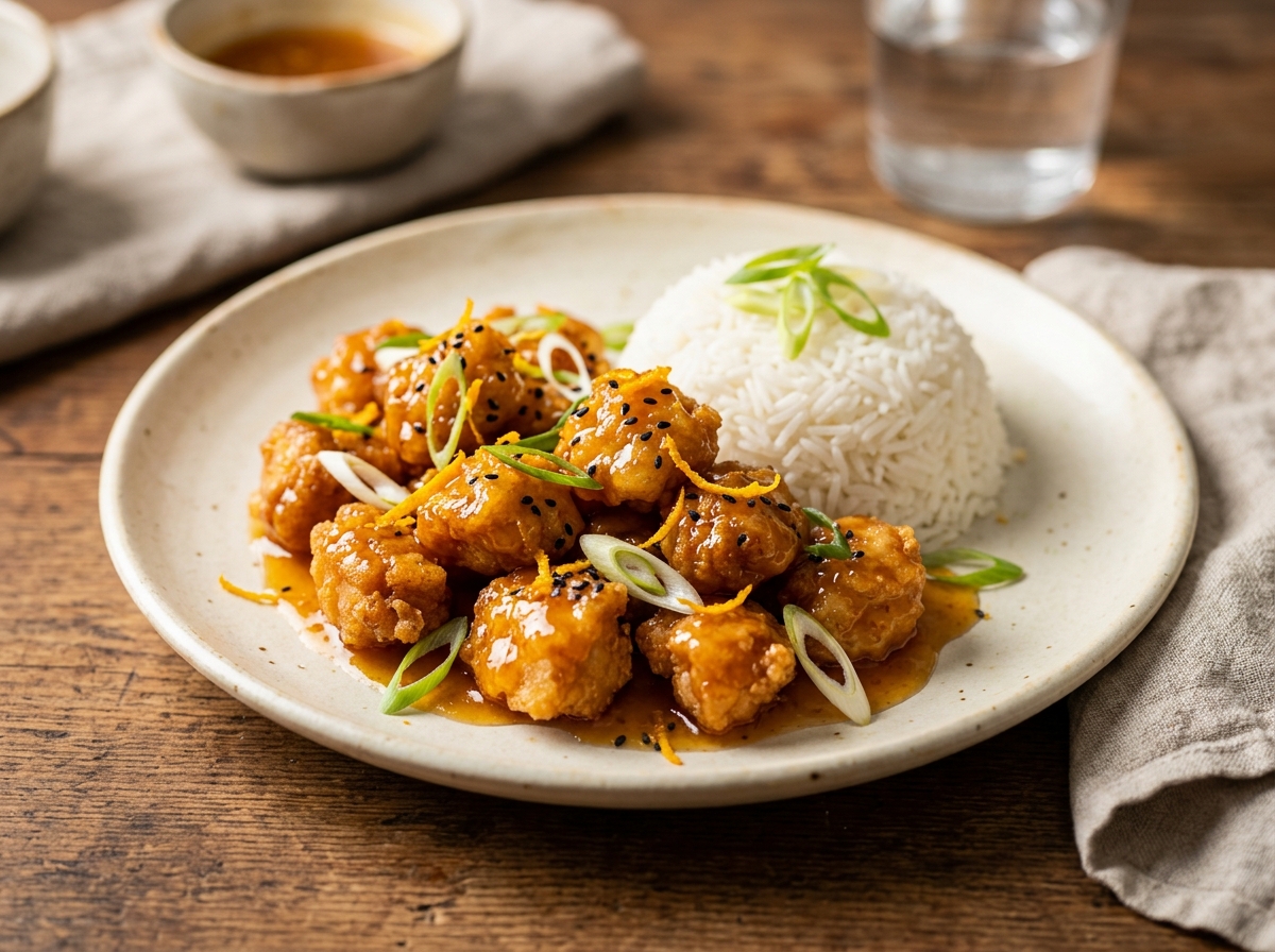 Pollo a la naranja con salsa agridulce brillante