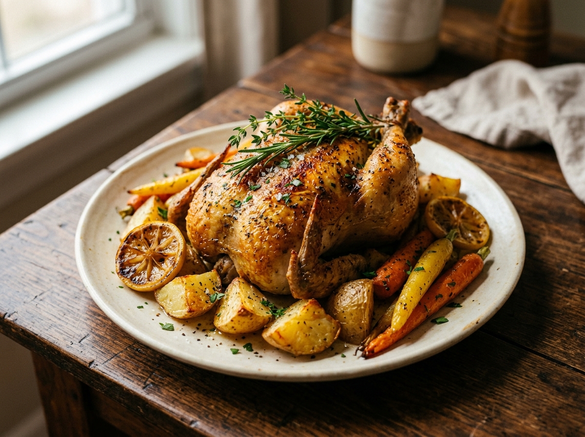 Pollo entero al horno dorado y jugoso
