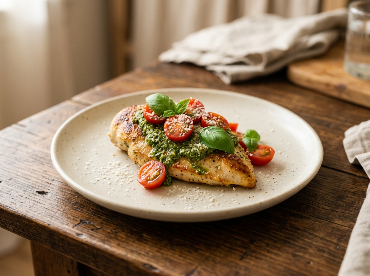 Pollo al pesto con salsa verde de albahaca