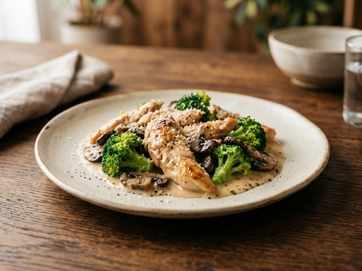 Pollo con brócoli y champiñones en salsa cremosa