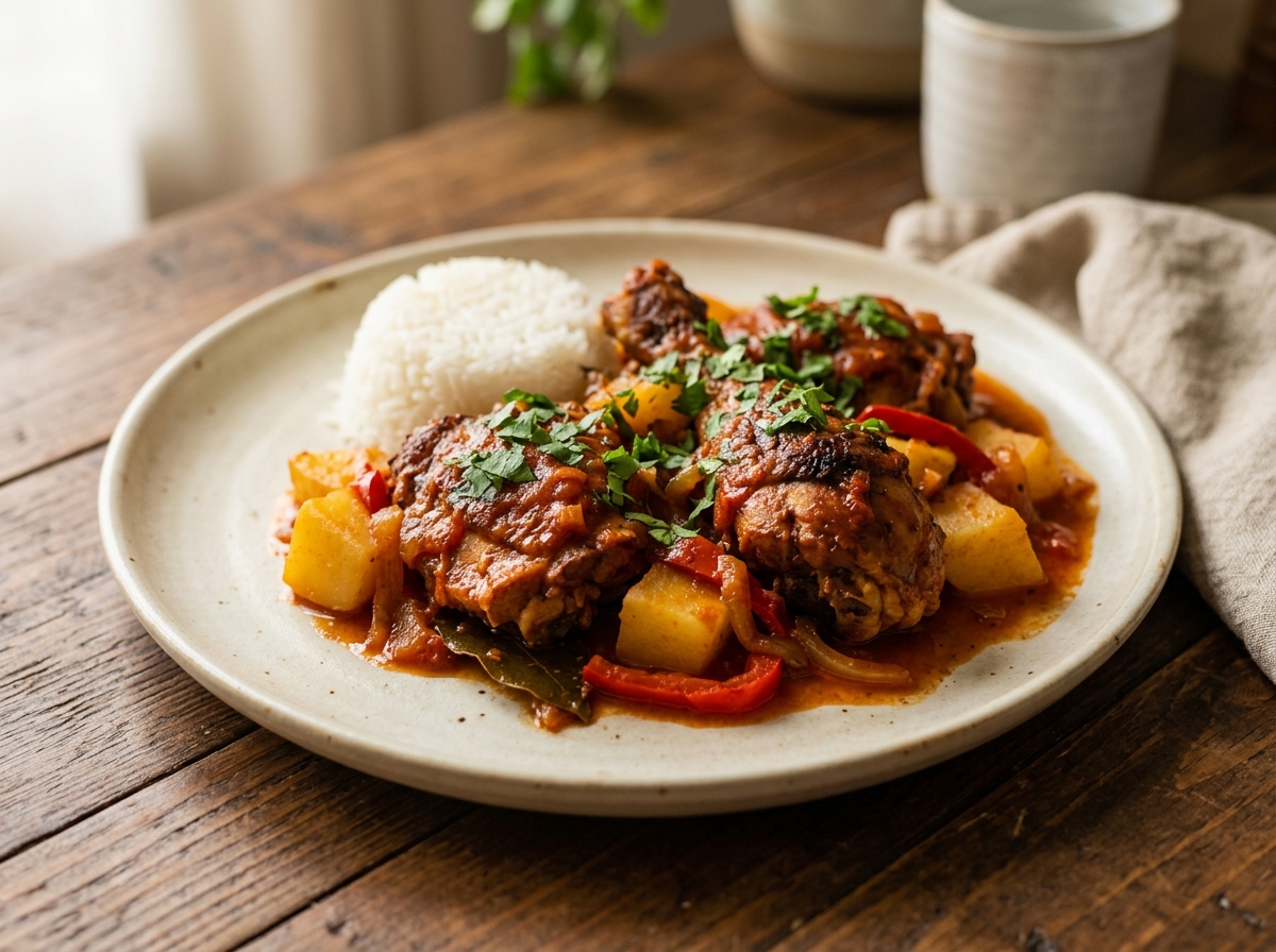 Pollo con papas costarricense en salsa de tomate con cilantro