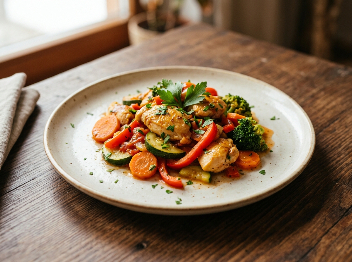 Pollo con verduras salteadas, zanahoria, pimiento y brócoli