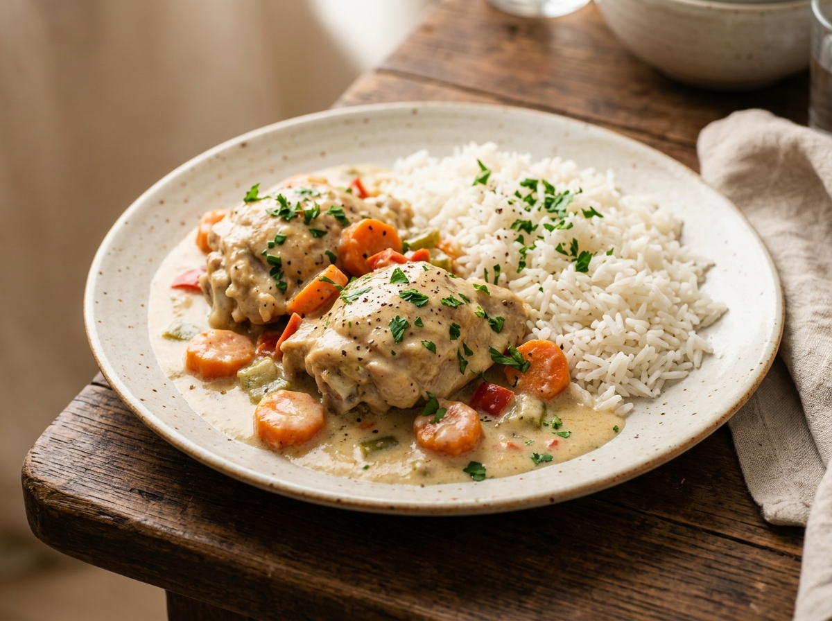 Pollo en crema guatemalteco servido con arroz blanco
