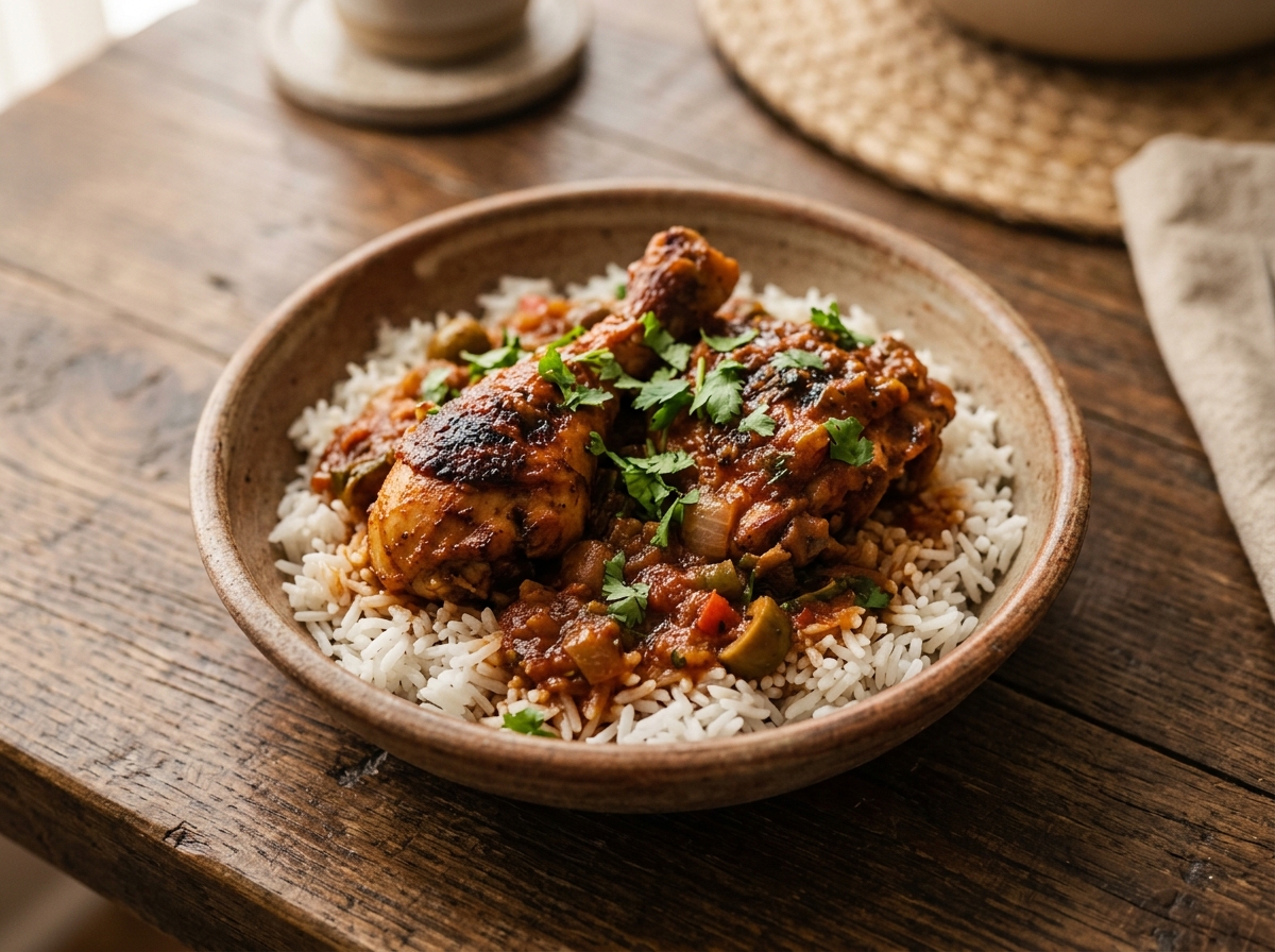 Pollo guisado dominicano con sellado oscuro en salsa de tomate