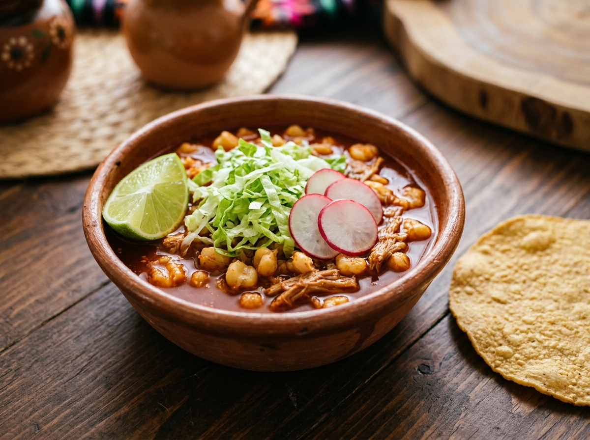 Pozole rojo con maíz cacahuazintle, cerdo deshebrado y guarnición