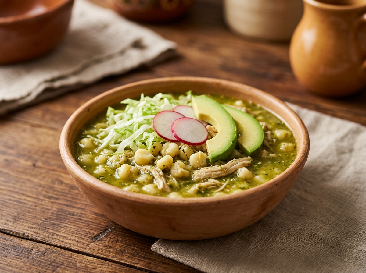 Pozole verde de pollo con maíz, salsa de tomatillo y guarnición