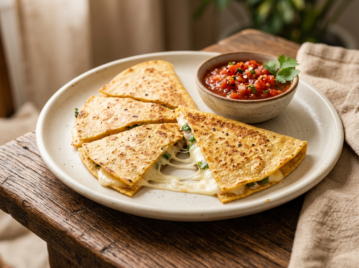Quesadillas de queso doradas en triángulos con queso derretido y salsa roja