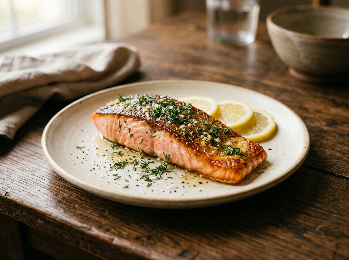 Salmón al horno con piel crujiente, ajo, limón y eneldo fresco