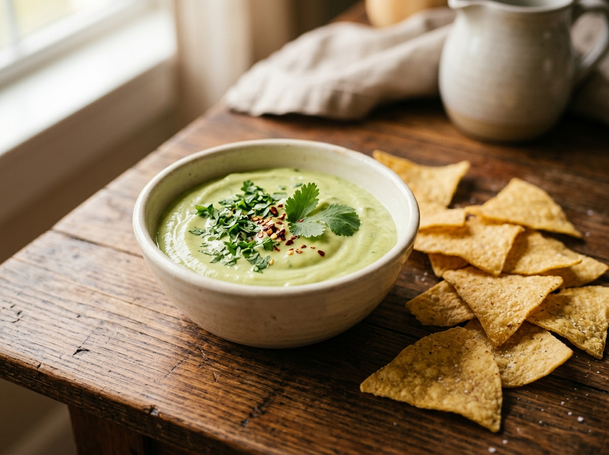 Salsa de aguacate cremosa con cilantro y totopos