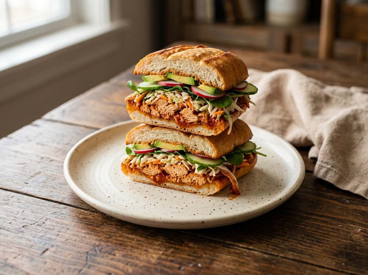 Sándwich de pollo salvadoreño con curtido y aguacate