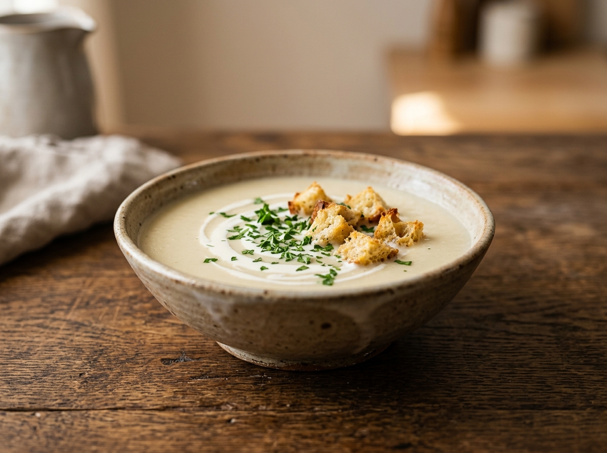 Sopa cremosa de coliflor con crema, perejil y crutones