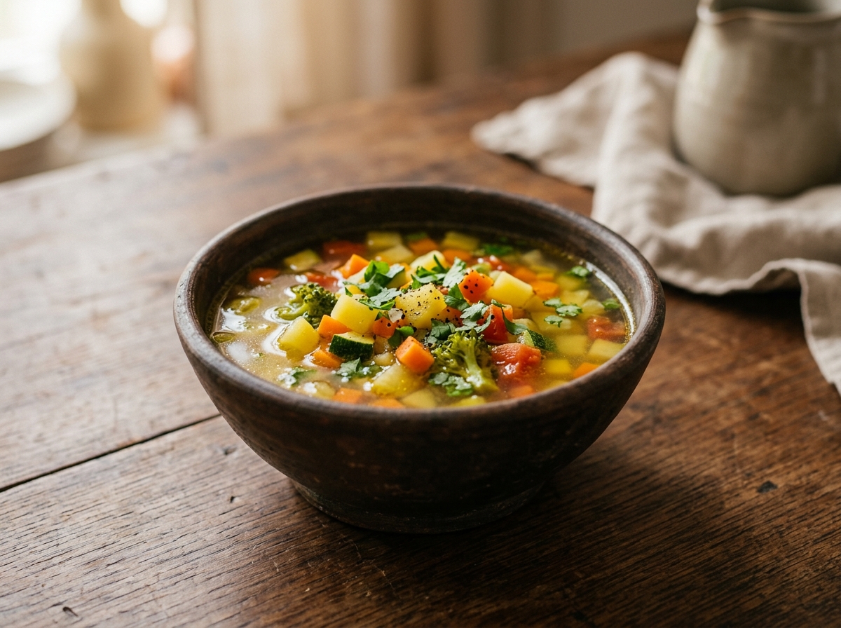 Sopa de vegetales con zanahoria, papa, calabacín y brócoli en caldo claro